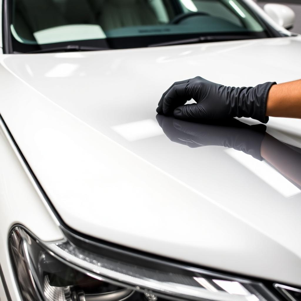 Hand-finishing a white vehicle in the Detail Peoria shop