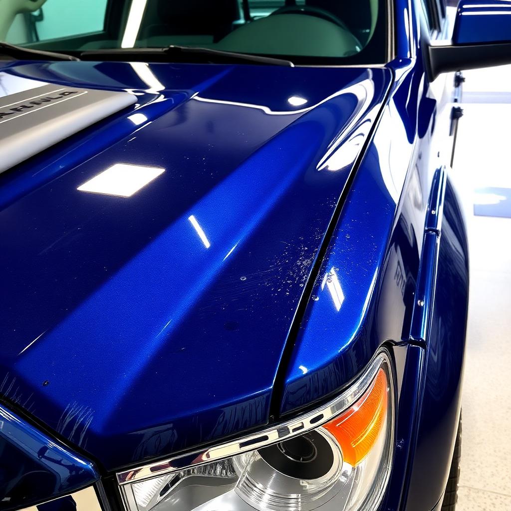 Blue truck hood with a deep gloss finish